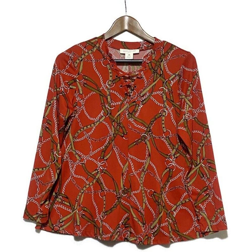 Skye's The Limit Top Women's Size Medium Pullover Orange Horse and Bridle Motif